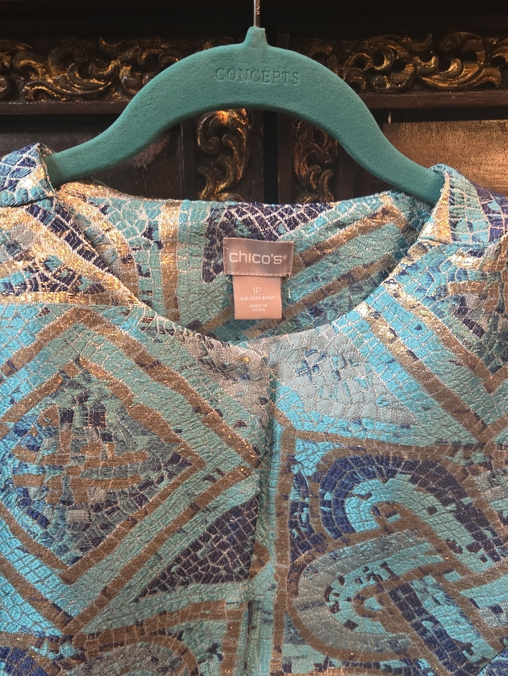 Chico's Turquoise Blue & Gold Brocade Jacket